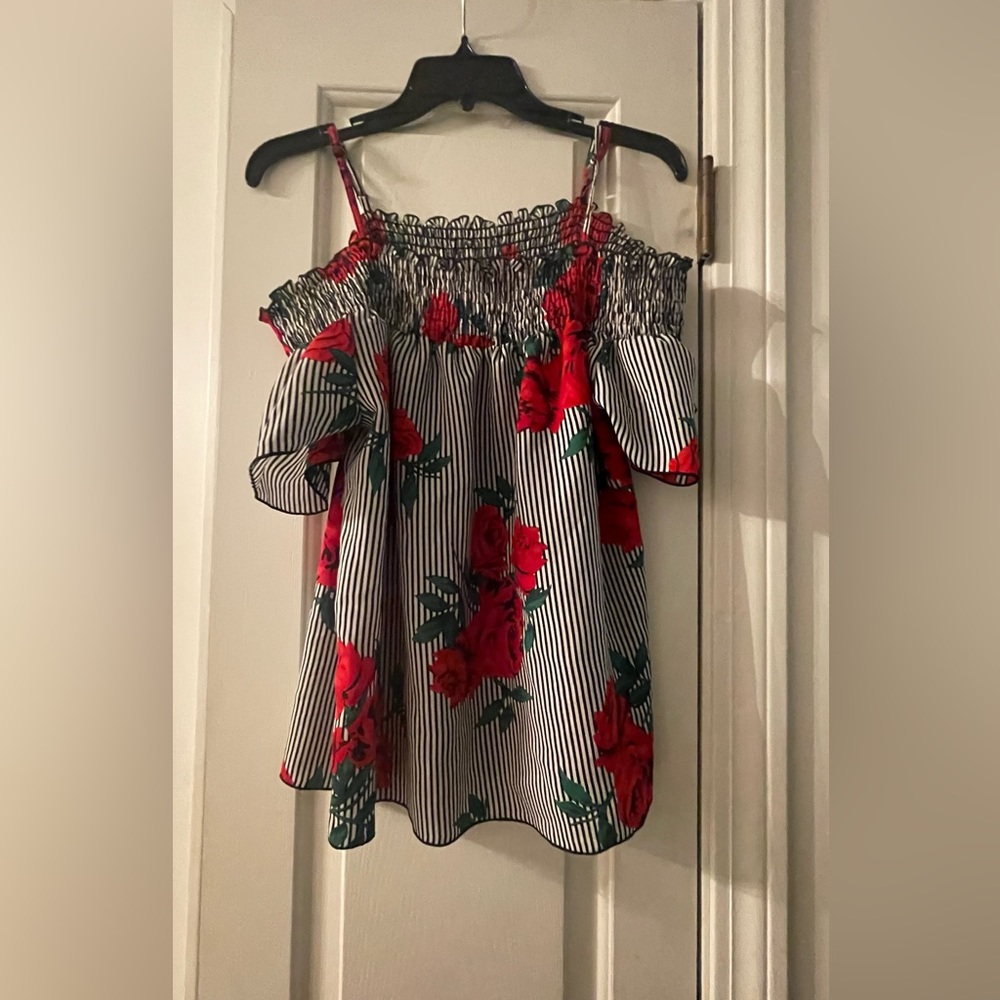 Black and white striped blouse with red roses Brand: indulge  sz large